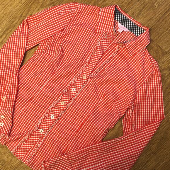 Lilly Pulitzer Red and White Gingham Plaid Long Sleeve Button Down Shirt Size 2 - Picture 3 of 15